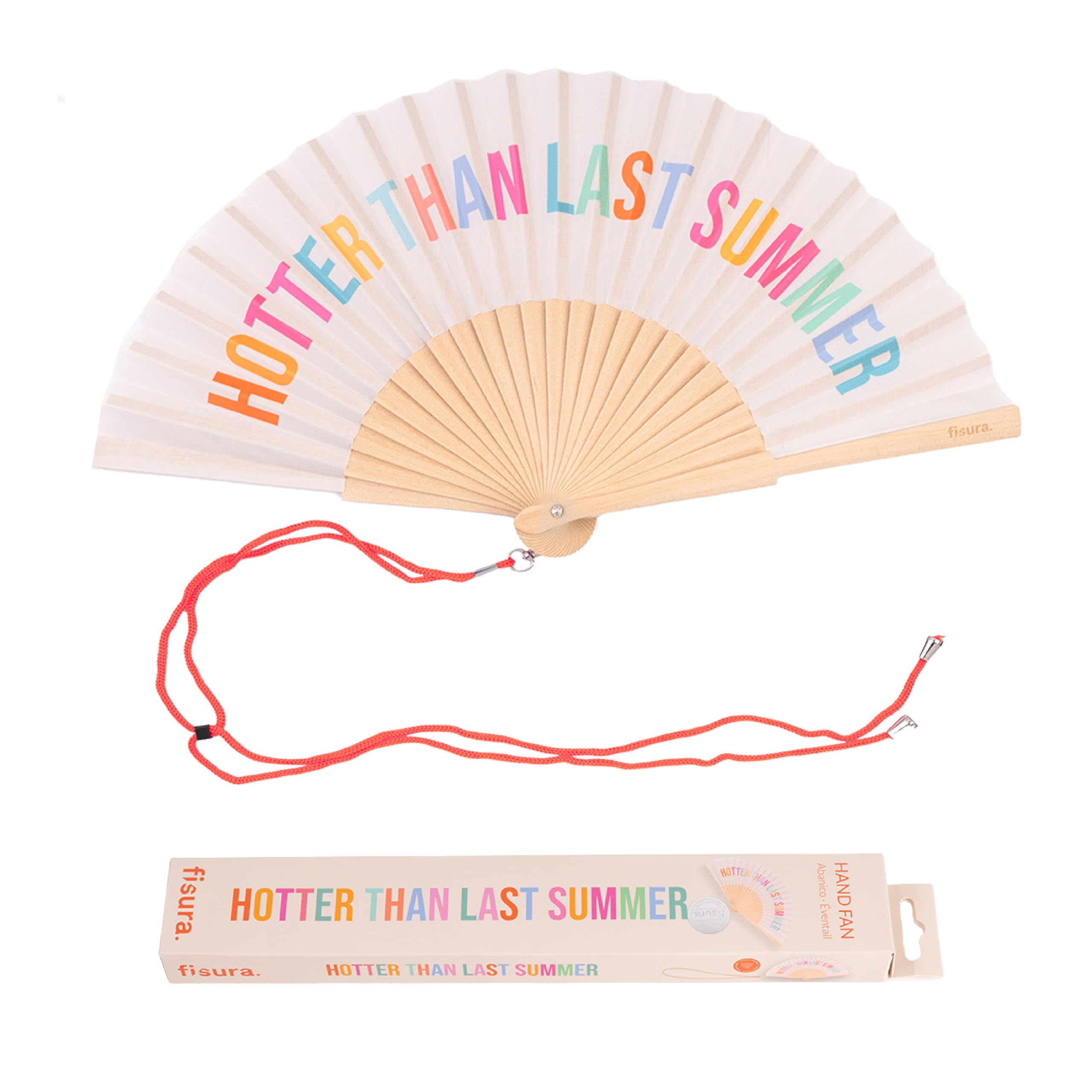 FISURA – オリジナル折りたたみ式手持ち扇風機「去年の夏よりも暑い」という楽しいメッセージ付き。女性用木製扇子、ベージュデザイン、結婚式、レイブ、フェスティバル用のハンガー付き - サイズ:42.5 x 23cm