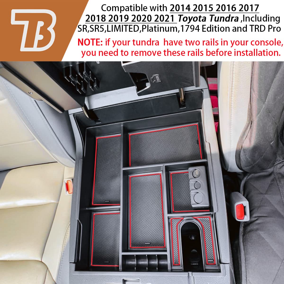Organizer konsoli środkowej kompatybilny z akcesoriami tundrowymi 2014-2017 2018 2019 2020 2021, Crewmax wewnętrzny podłokietnik pod siedzenie, taca na wkładki, czerwone wykończenie