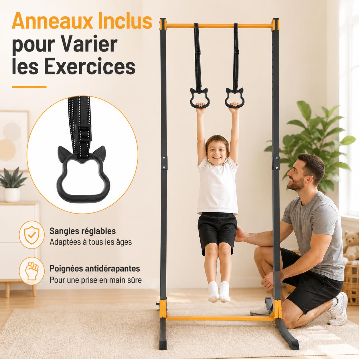 Barre de Gymnastique avec Anneaux, Hauteur Réglable 160-215 cm | Barre Horizontale Robuste 400 kg, Intérieur/Extérieur, Entraînement à Domicile pour Enfants et Adultes