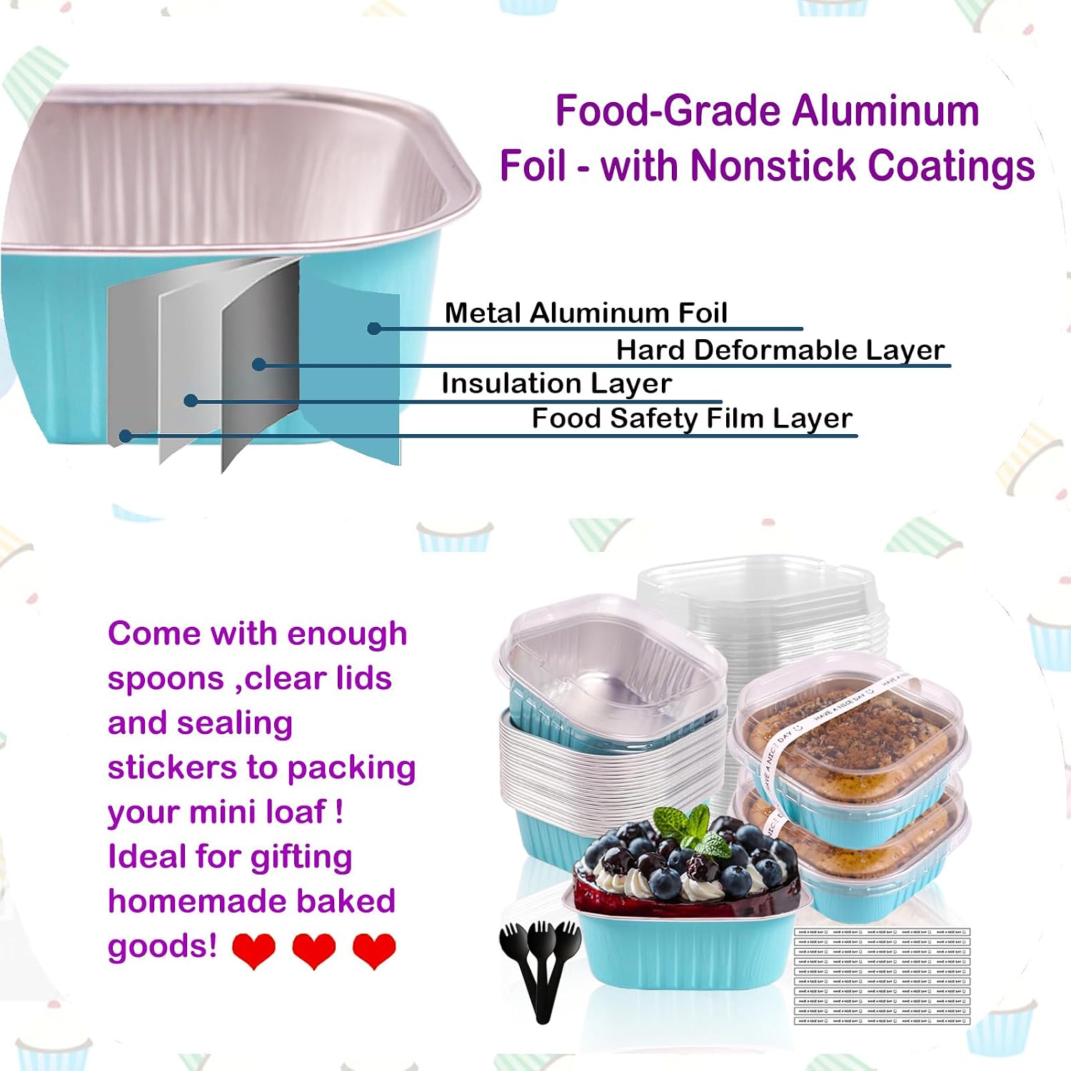 10oz Mini Cake Pans With Lids 50 Pack Aluminum Foil Square Brownie Baking Cups,4”x4” Disposable Loaf Pans With Lids and Spoons Stickers,Large Cupcake Pans Muffin Cake Tins Cake Container(Blue)