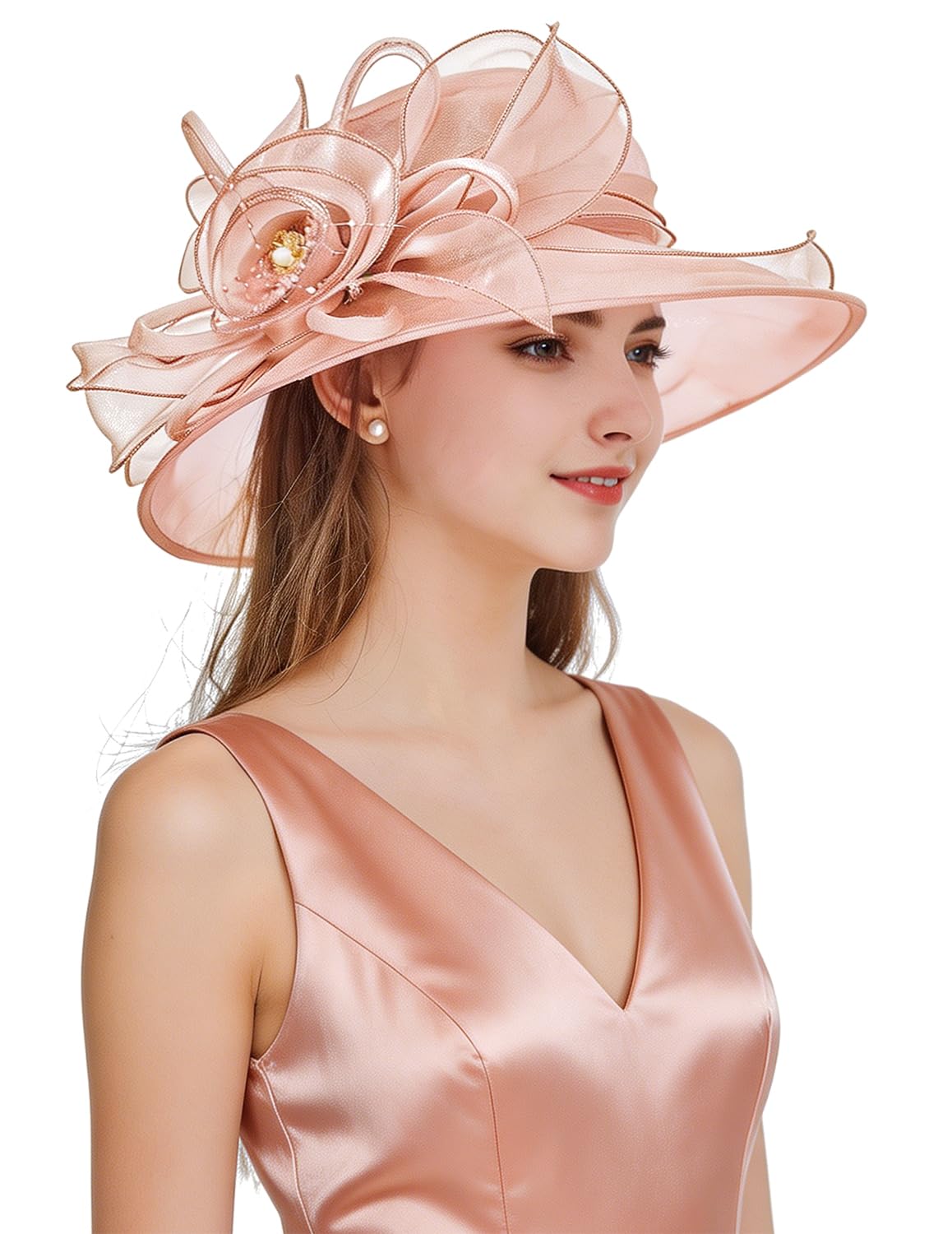 ELLYDOOR Women Derby Fascinator Hat Organza Church Wedding Tea Party Hats Wide Brim Sun Hat, 08 Peach Pink, One Size