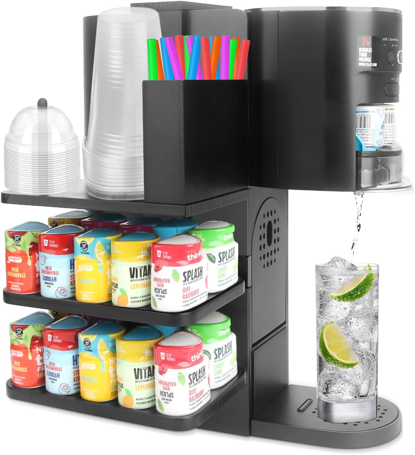 Flavor Pods Holder Compatible With Ninja Thirsti,4-in-1 Flavor Storage Holder with Straw Slot & Cup and Lid Storage,Side-Mounted Wooden Organizer Holds 20 Pods for Ninja Thirsti WC1001 Drink System