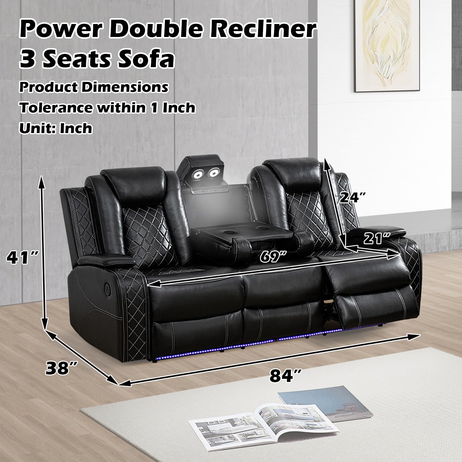Power Recliner Sofa Set for Living Room Furniture Sets，Leather Reclining Couch Set with LED Lights，Recliner Leather Sofa and Chair*2 with Storage/Cup Holders/Charging Port，Black