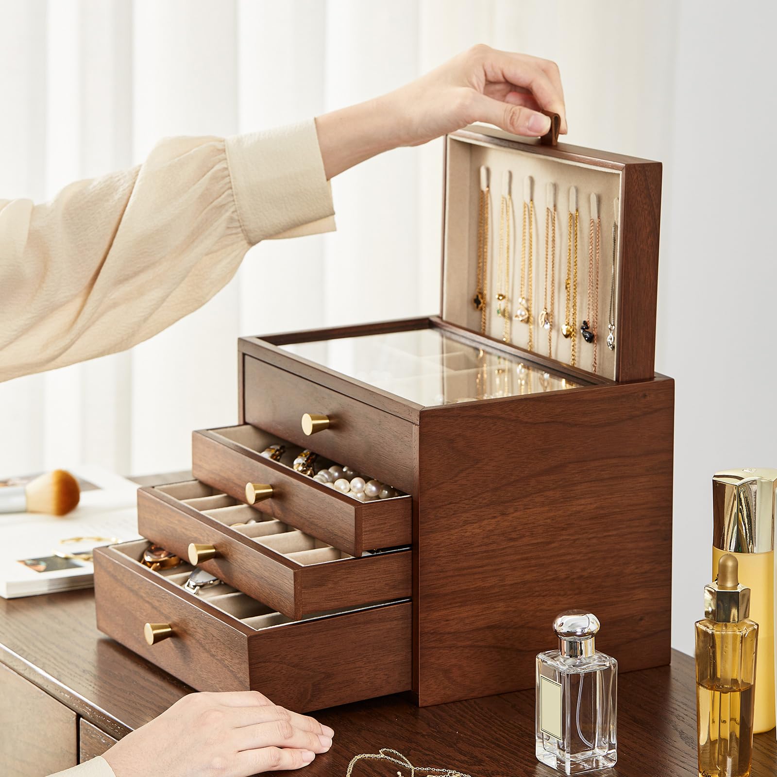 Homruilink Portagioie in legno di noce nero per donna, 4 strati, con coperchio in vetro e contenitore estraibile per collane, orologi, collane, anelli e orecchini, Regalo di San Valentino