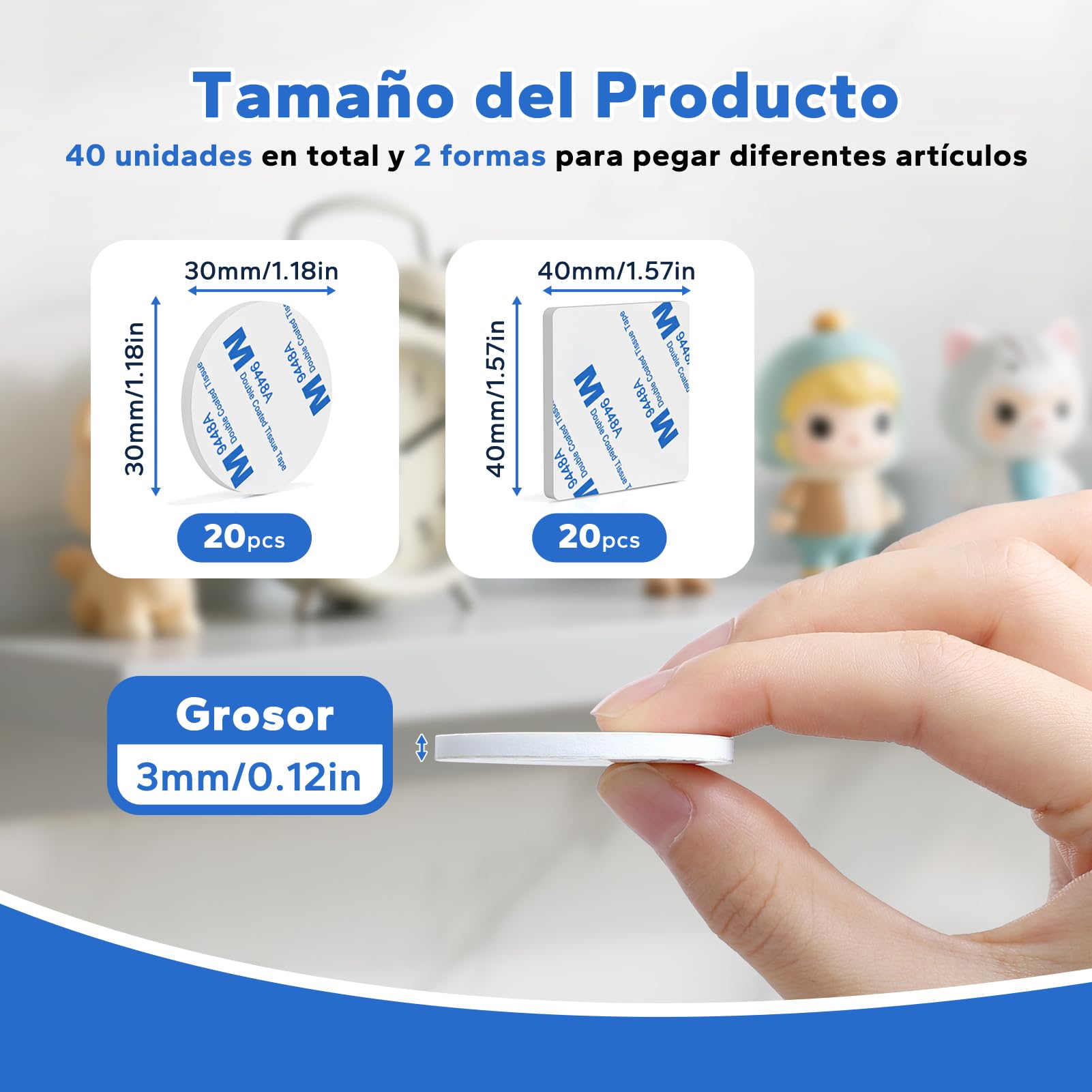 HOMMAND Cinta Adhesivo Doble Cara, 40 Piezas Almohadillas Adhesivas Extrafuerte, Pads Adhesivo Cinta Adhesiva Doble Cara Espuma, Cuadrado & Redondo, para Hogar Oficina Coche, Blanco
