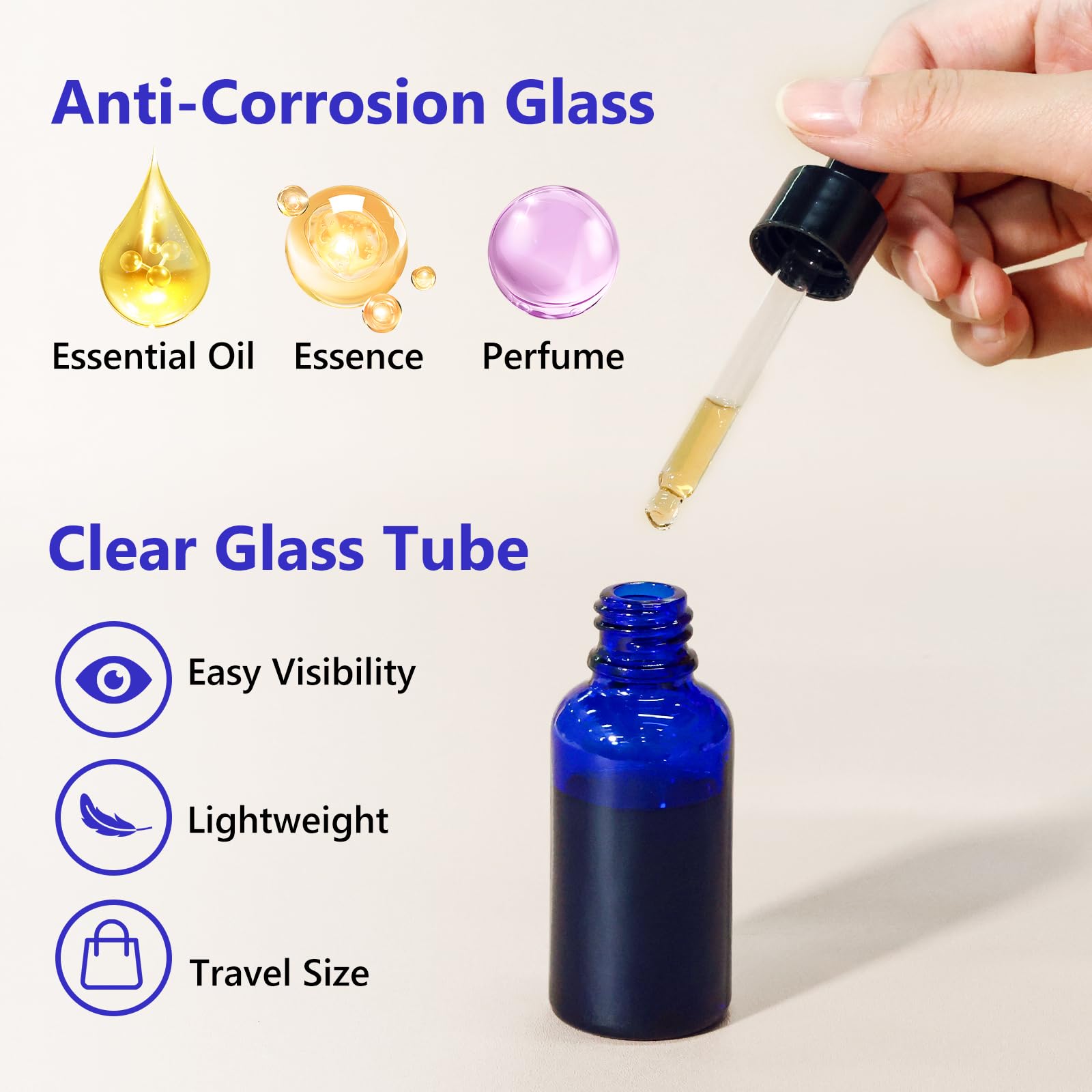 KEYWING Botellas cuentagotas azules de 1 onza para aceites esenciales con cuentagotas de vidrio largo, 30 ml, 60 paquetes de botellas de vidrio para líquidos