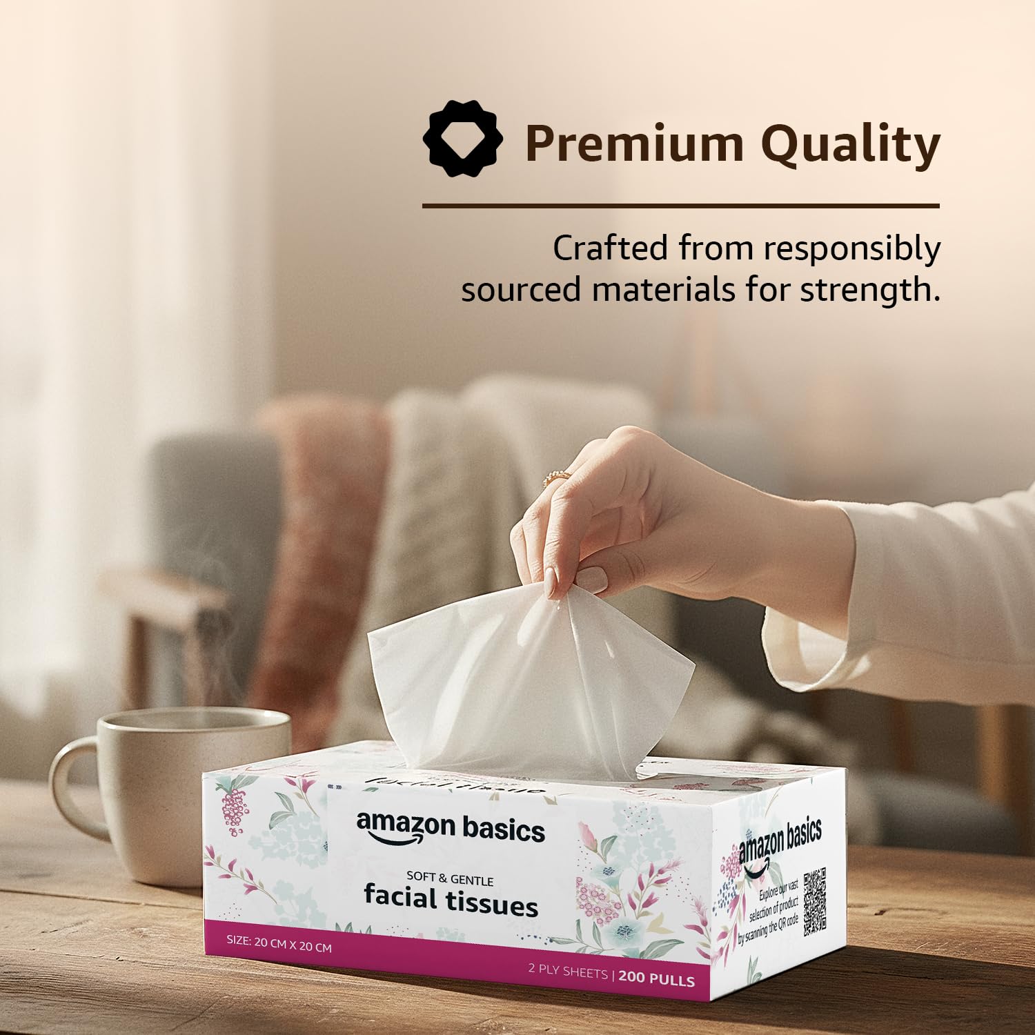 Amazon Basics 2 Ply Facial Tissue Box | 1200 Pulls | 200 Pulls X Pack of 6 | Home | Soft & Highly Absorbent Tissues