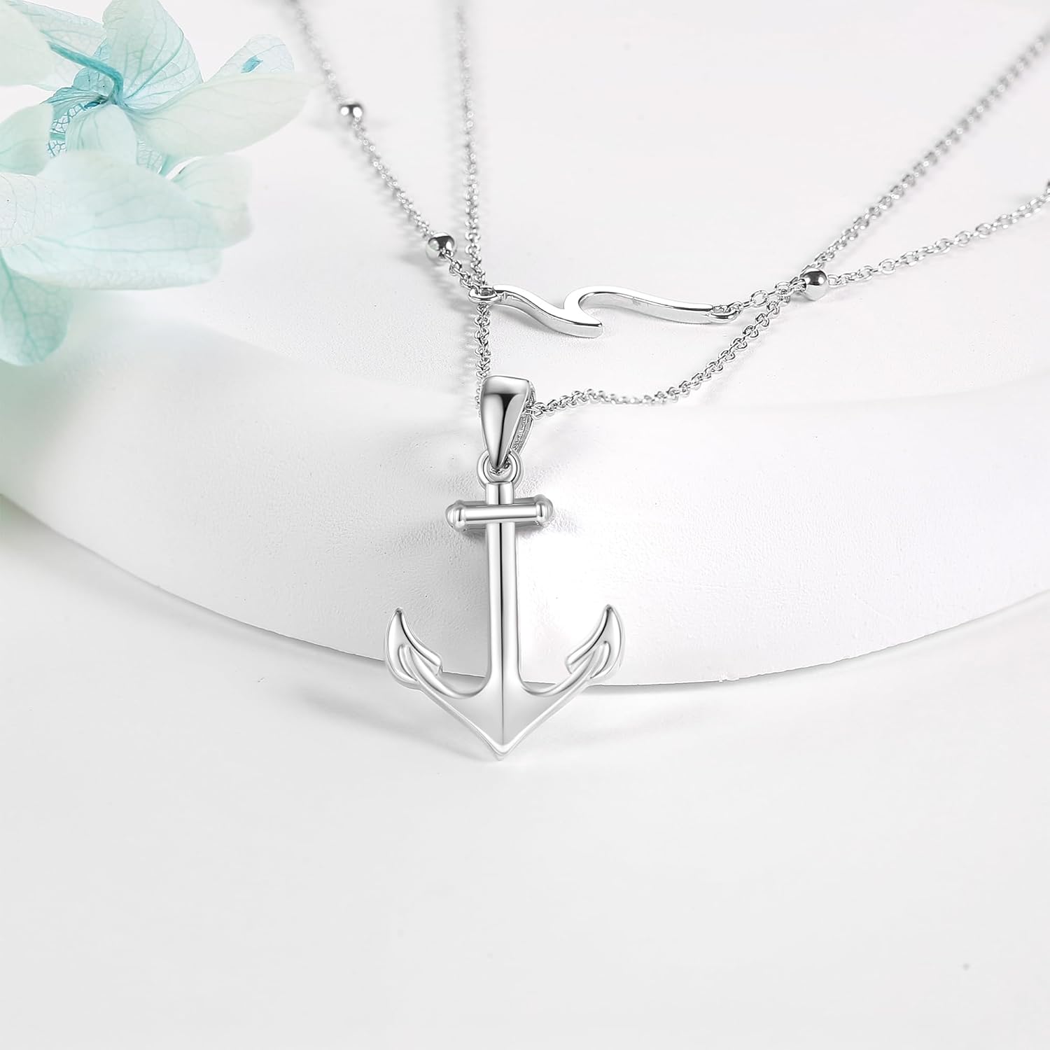 Anchor Necklace 925 Sterling Silver Wave and Anchor Layered Necklaces for Women Nautical Jewelry Gift for Sailor