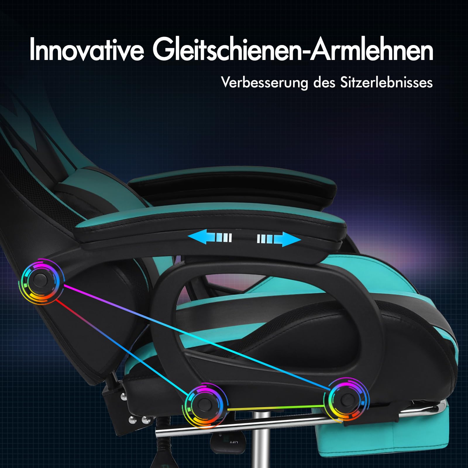 ALFORDSON Gamer-Stuhl Gamer Stühle RGB LED Racing PC-Gaming-Sessel Massage Bürostuhl ergonomisch Schreibtischstuhl Fußstützen, 90-150°Neigungswinkel,180 kg belastbar, Cyan