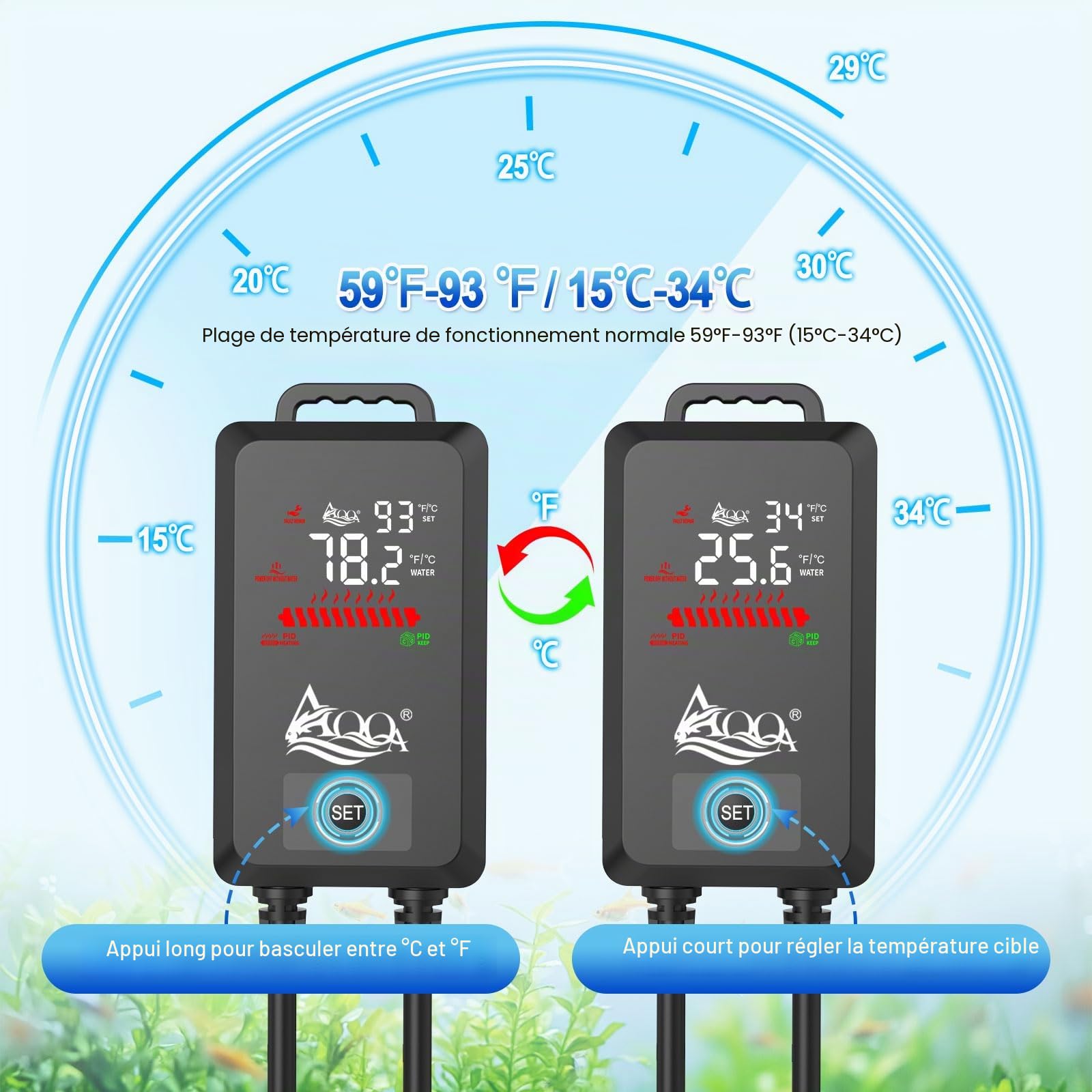 AQQA Chauffage d'aquarium,Chauffage de réservoir de Poissons Submersible,avec Protection Contre la température et Verre de Quartz à l'explosion,Chauffage d'aquarium Submersible