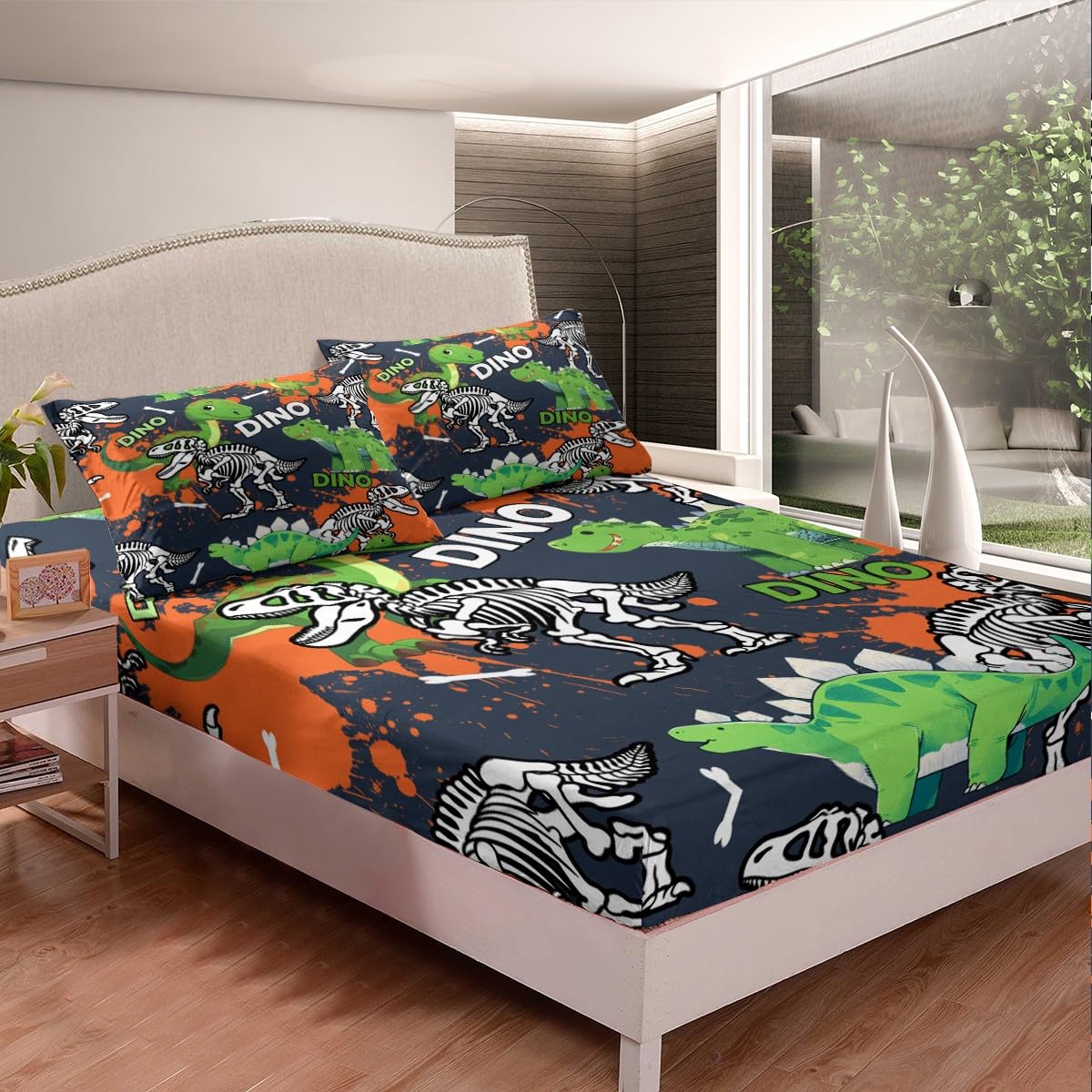 Dinosaur Graffiti Fitted Sheet Queen,Vintage Safari Animals Bed Sheet 3 Pieces(No Flat Sheet),Teens Kids Dino Bones Bedding Set for Kids Adults,Dino Animal Lover Deep Pocket Sheet Room Decor
