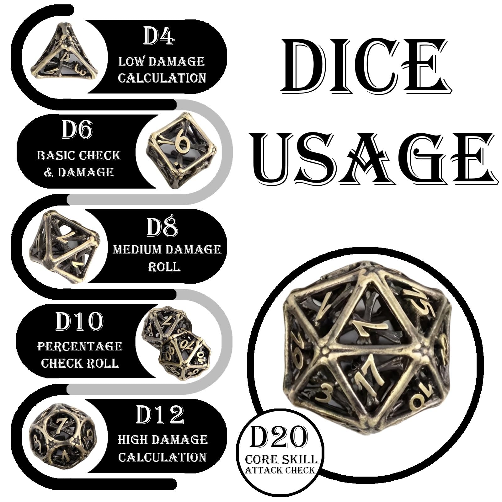 Ensemble de 7 Dés Creux en Métal, Dés Polyédriques pour Jeux de Rôle, Finition Jaune Os, Accessoires Élégants pour Jeux de Société, Décoration de Fêtes et Événements Spéciaux.