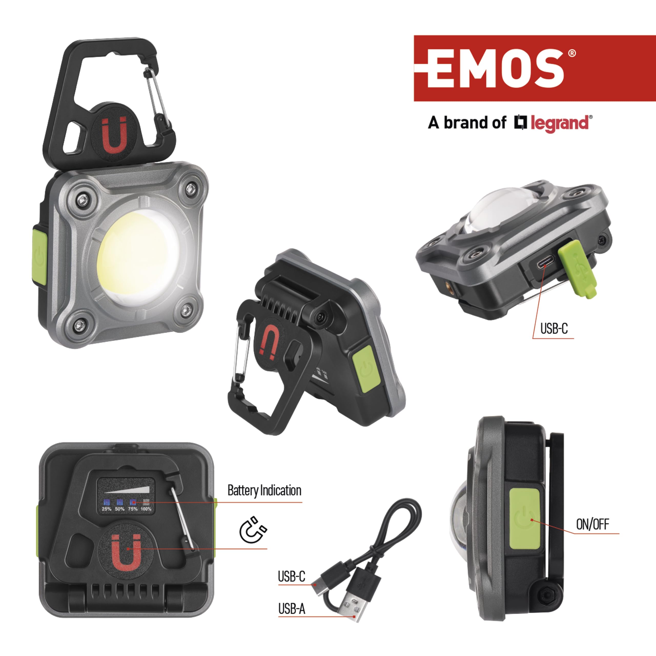 EMOS Mini reflektor LED, lampa kempingowa z 3 trybami świecenia, wodoszczelność IP44, maks. jasność 1200 lm, zasięg 60 m, akumulator 2000 mAh z czasem świecenia do 6,5 h, w zestawie kabel USB, haczyk,