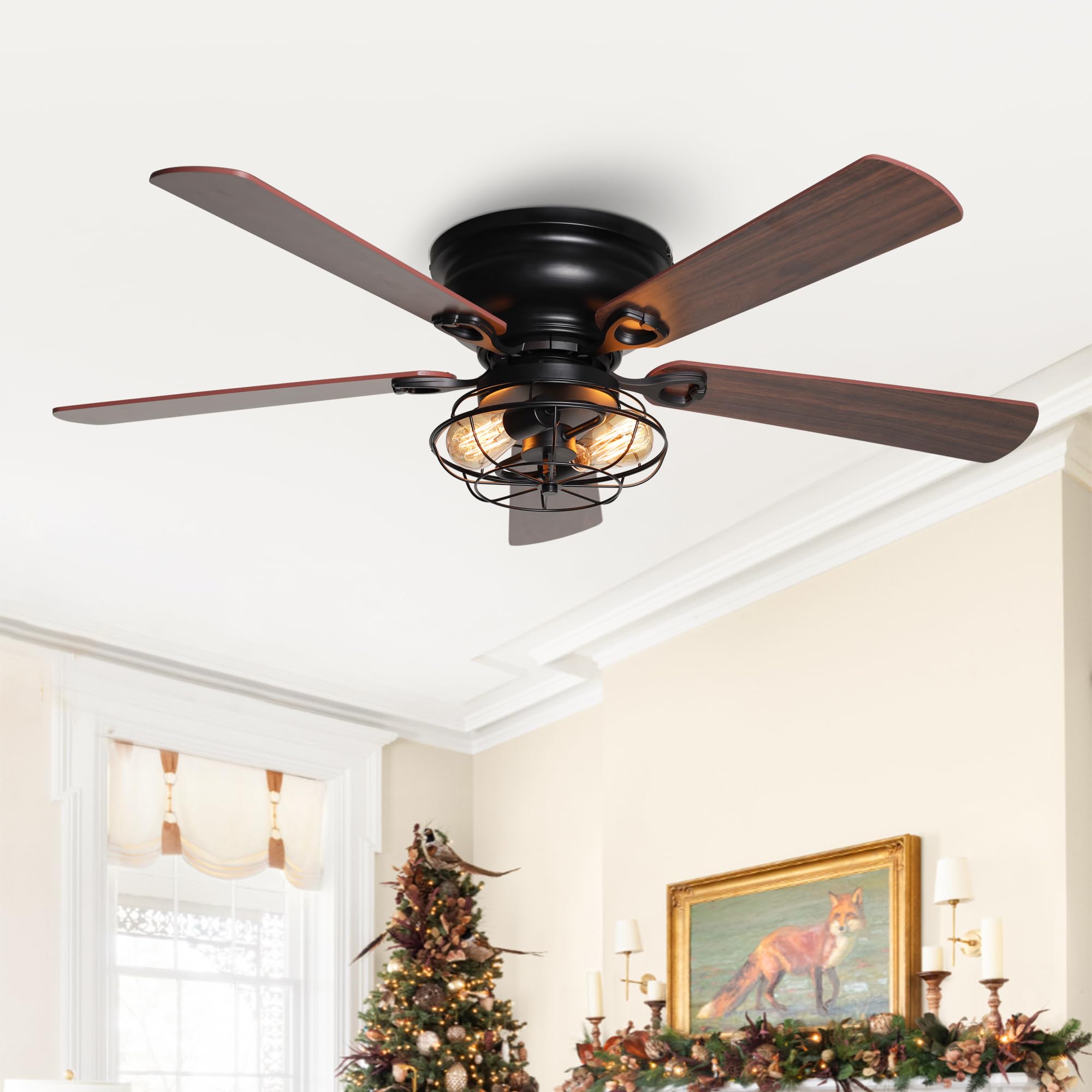 Parrot Uncle Low Profile Ceiling Fans with Lights and Remote, Black Farmhouse Flush Mount Ceiling Fan with Light for Bedroom Living Room, Rustic Chandelier Fans, Reversible 5-Blades, Timer, 48 Inch