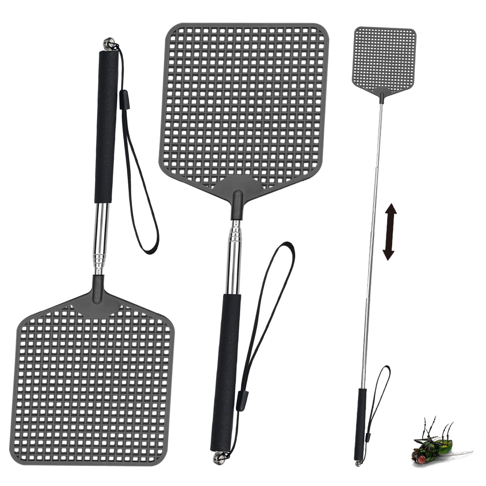 3 Pezzi Scacciamosche quadrato,Estensibile Paletta Mosche,Portatile Scacciamosche,Estensibile Scacciamosches,Scacciamosche Forte Flessibile,per Prevenire Mosche,Zanzare,Nero