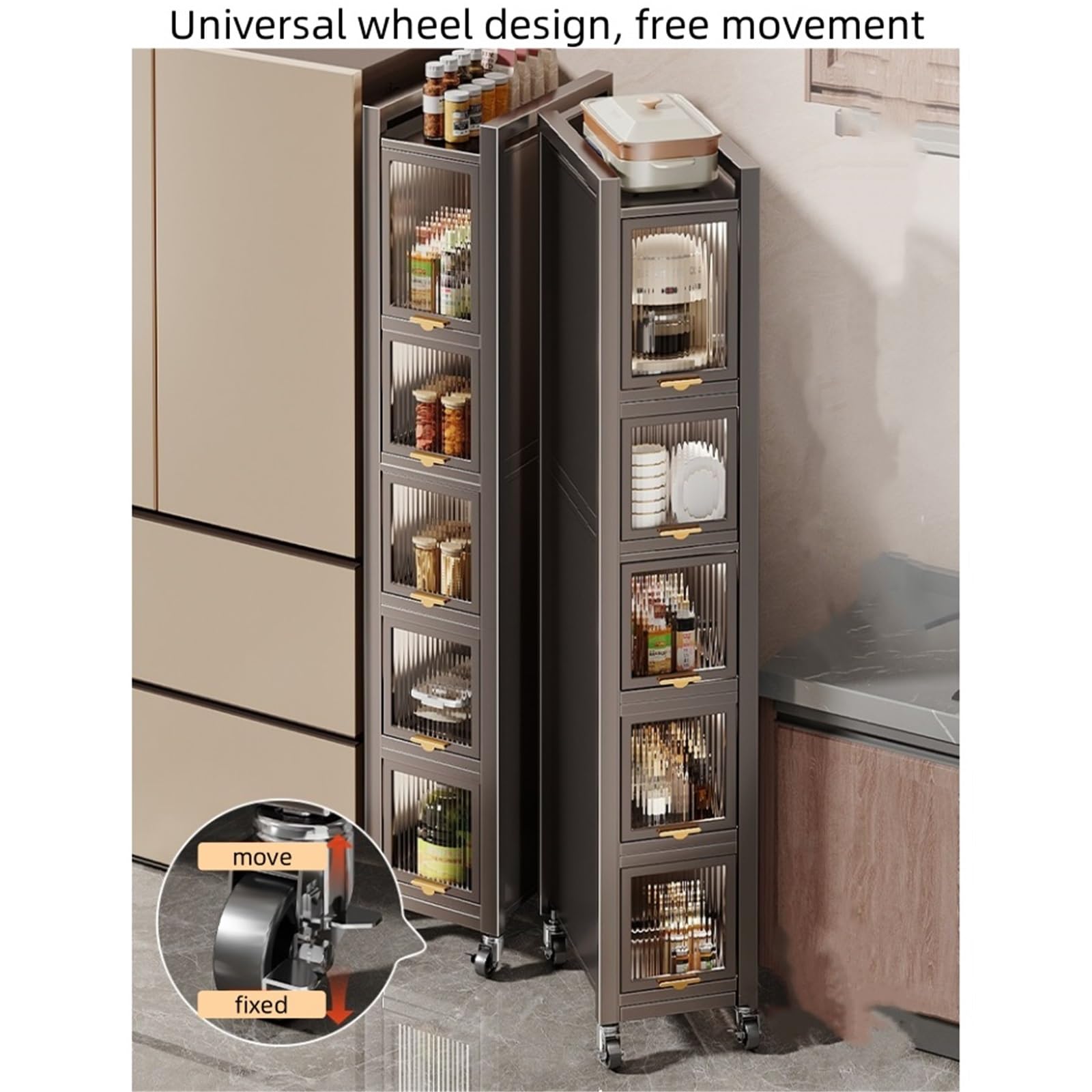 Gabinete de almacenamiento de cocina delgado con puertas acrílicas, carrito de despensa alto y estrecho con ruedas, ahorro de espacio para comedor y cocina (30 x 40 x 163 cm), ideal para espacios