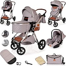 Baby Buggy Pram Pushchair Stroller 3 in 1 Child Lightweight Folding Stroller 3 in 1 Travel System Pram for Newborns & Toddlers from Birth Aluminum (Light Grey - Silver Frame)