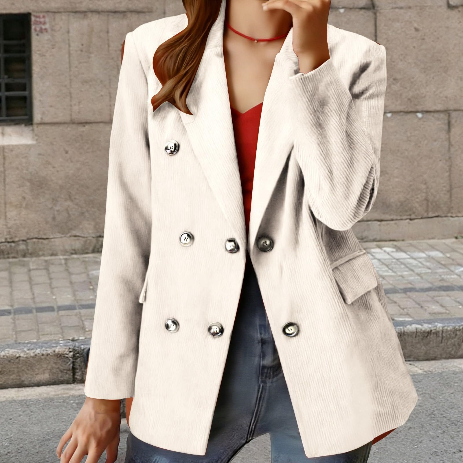 Generisch Blazer traditionnel moderne à double boutonnage en velours côtelé pour femme, cintré, marron, veste de costume, veste d'affaires, veste vintage en velours côtelé, pour le travail, le bureau