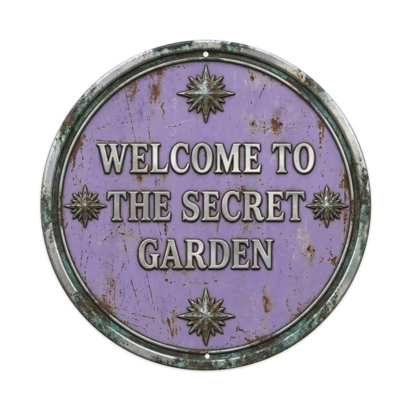 Vintage Welcome Secret Garden Silver Lavender Star Metal Tin Sign