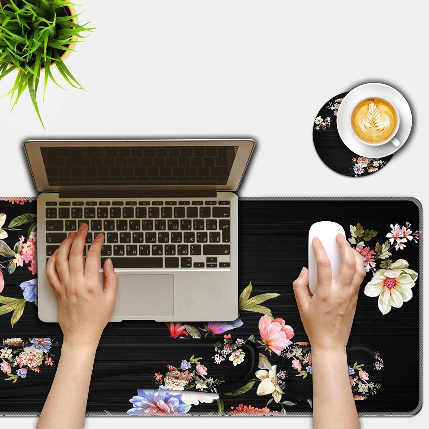 Mouse Pad Set,(31.5×11.8 in) Desk Pad + Keyboard Wrist Rest Support + Mouse Wrist Rest + Coaster for Office,Home,Computer,Laptop - 4 Peony Flower