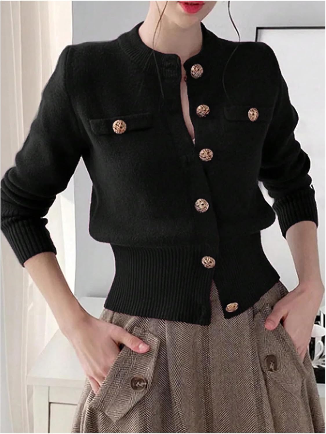 GORGLITTER Women's Cinched Waist Fitted Cropped Cardigan Long Sleeve Button Up Knit Sweaters Fall Fashion Clothes Trendy