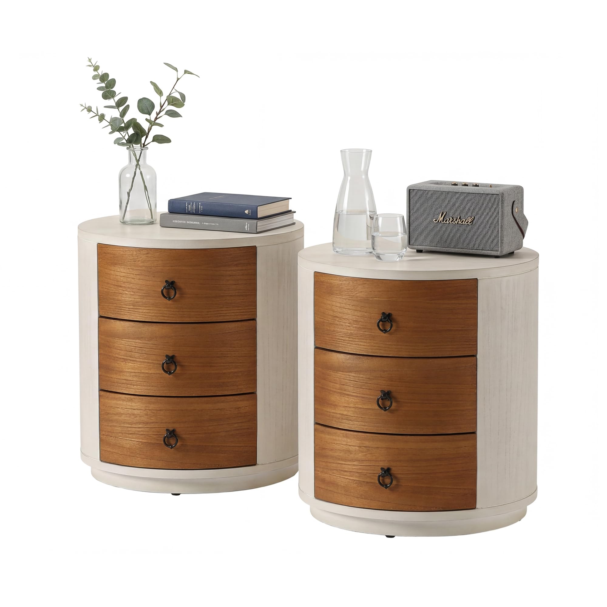 HOMPUS Round 3 Drawer Nightstand Set 2, Farmhouse Chest of Drawers, No Assemble Required, Modern Nightstand Set of 2, Wood Bedside End Tables w Drawers for Bedroom, Brown + Antique White