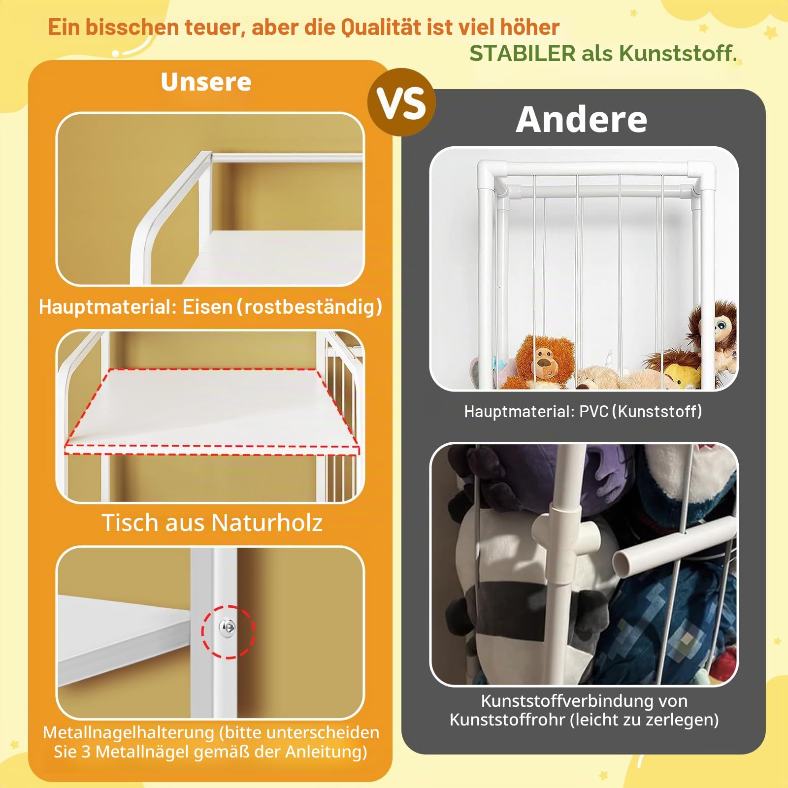 Kuscheltier Aufbewahrung, Metall Stofftier Aufbewahrung mit 2 Fächern für Plüschtiere Teddy, 187L Bücherregal Kinder Spielzeugschrank Spielzeug Korb für Kinderzimmer Möbel Deko B