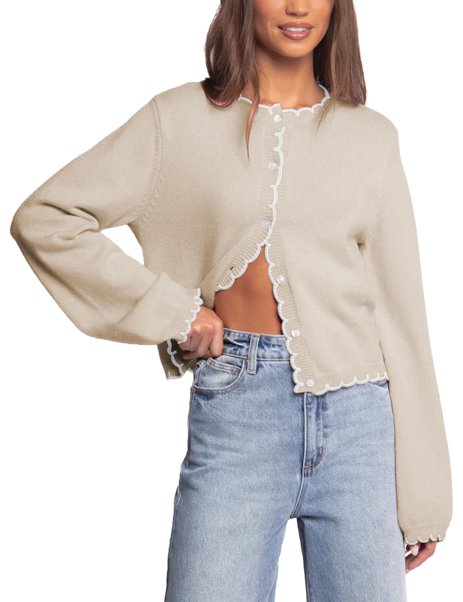 Womens Cropped Cardigan Sweater - Y2K Lightweight Knit Button Down Open Front Long Sleeve for Fall Outfits