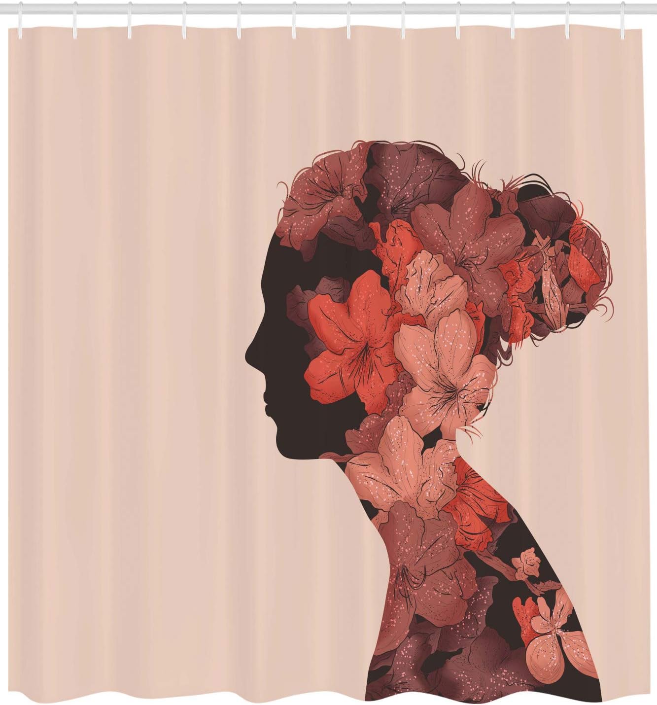 Ambesonne Retro Shower Curtain, Portrait of a Woman in Double Exposure Floral Effects Illustration Print, Cloth Fabric Bathroom Decor Set with Hooks, 69" W x 70" L, Dark Taupe Peach Coral