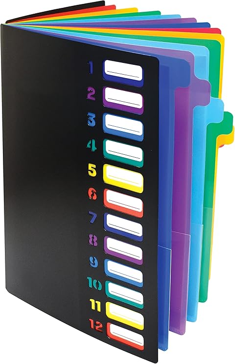 Better Office Products 24 Clear Pocket Expanding File Folder with 12 Colored Tabs, Letter Size, Holds 300 Sheets, Project File Organizer, Numbered Index on Cover,(1 Pack Black)