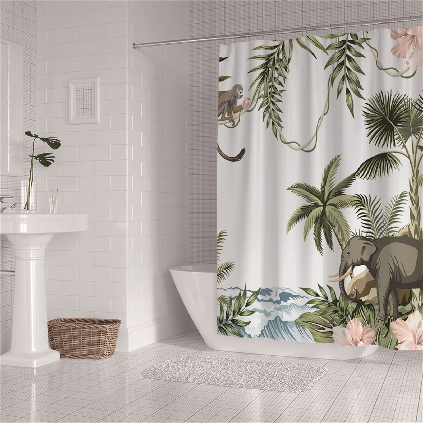 Rideau de Douche, Anti Moisissure, Imperméable, Tissu Polyester, Lavable, Grand et Petit Tailles Rideau Salle de Bain, Anime Éléph 180x210cm, avec Crochets Couleur Tissu Shower Curtain