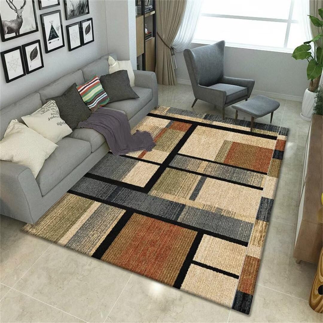 Tapis salon doux marron 200x250cm géométrique moderne lavable pour chambre ado fille