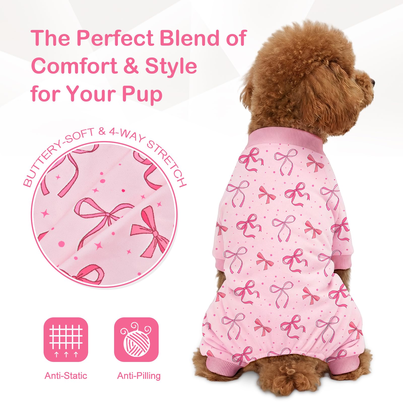 Dog Pajamas for Small Medium Dogs Recovery Suit Dog Pjs Dog Onesie Cute Soft Breathable Puppy Pajamas Pet Spring Summer Stretchy Pjs for Boy Girl - Pink Bows — view 3