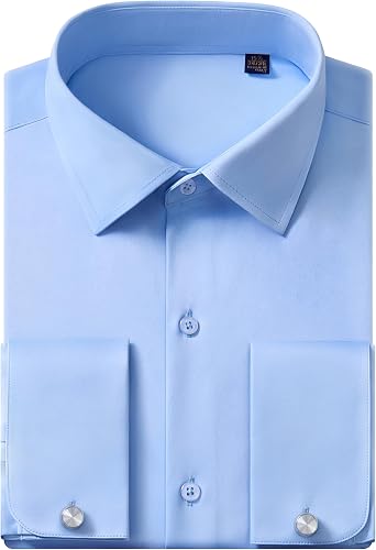 French Cuff Dress Shirts for Men Stretch Regular Fit Wedding Formal Long Sleeve Button Down Shirts with Metal Cufflink