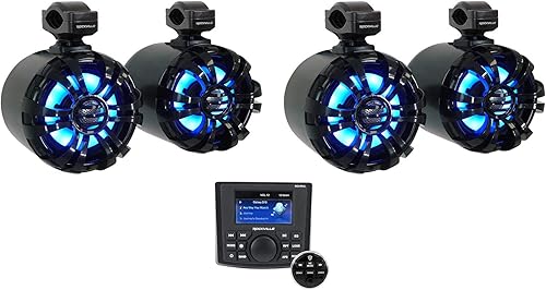 Rockville RGHR45 - Receptor de agujero de calibre marino de 4 zonas, Bluetooth/Radio/Paquete remoto con cable con (4) WB65KLED 6.5 pulgadas 600 W