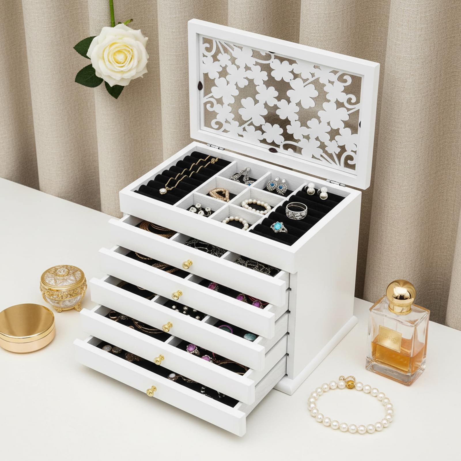 Fufiea 6-Layer Jewelry Box Organizer with Full Pull-Out Drawers, Vintage Carved Wooden Jewelry Storage Case Large Capacity for Earrings, Necklaces, Rings - White