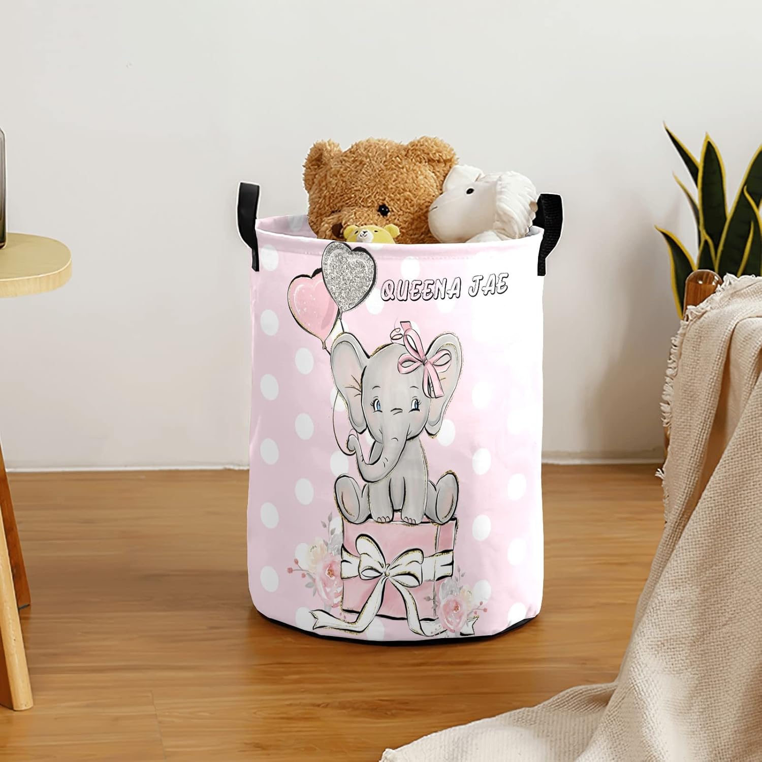 Elephant Pink Silver Glitter Balloons Storage Bin, Waterproof Oxford Fabric Clothes Basket Organizer for Laundry Hamper,Toy Bins,Gift Baskets, Bedroom, Clothes,Baby Nursery