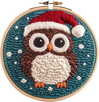 DIY Punch Needle Kits for Beginners Owl Wear Christmas Hat with Hoop Punch Needle Starter Craft Embroidery Set Easy for Adults and Children Festival Gift and Decoration 20x20cm-1