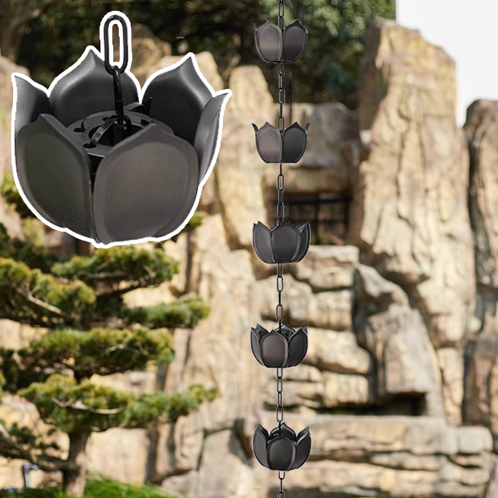Decorative Rainwater Diverter Lotus Cups Downspout Chain Enhances Garden Aesthetics with Functional Water Feature Design