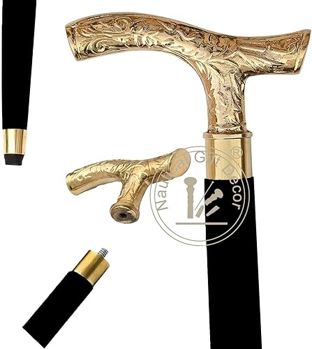 Bastón de senderismo – Bastones Derby para hombres y mujeres – 37 pulgadas marrón ébano latón mango en forma de T en tono dorado madera natural