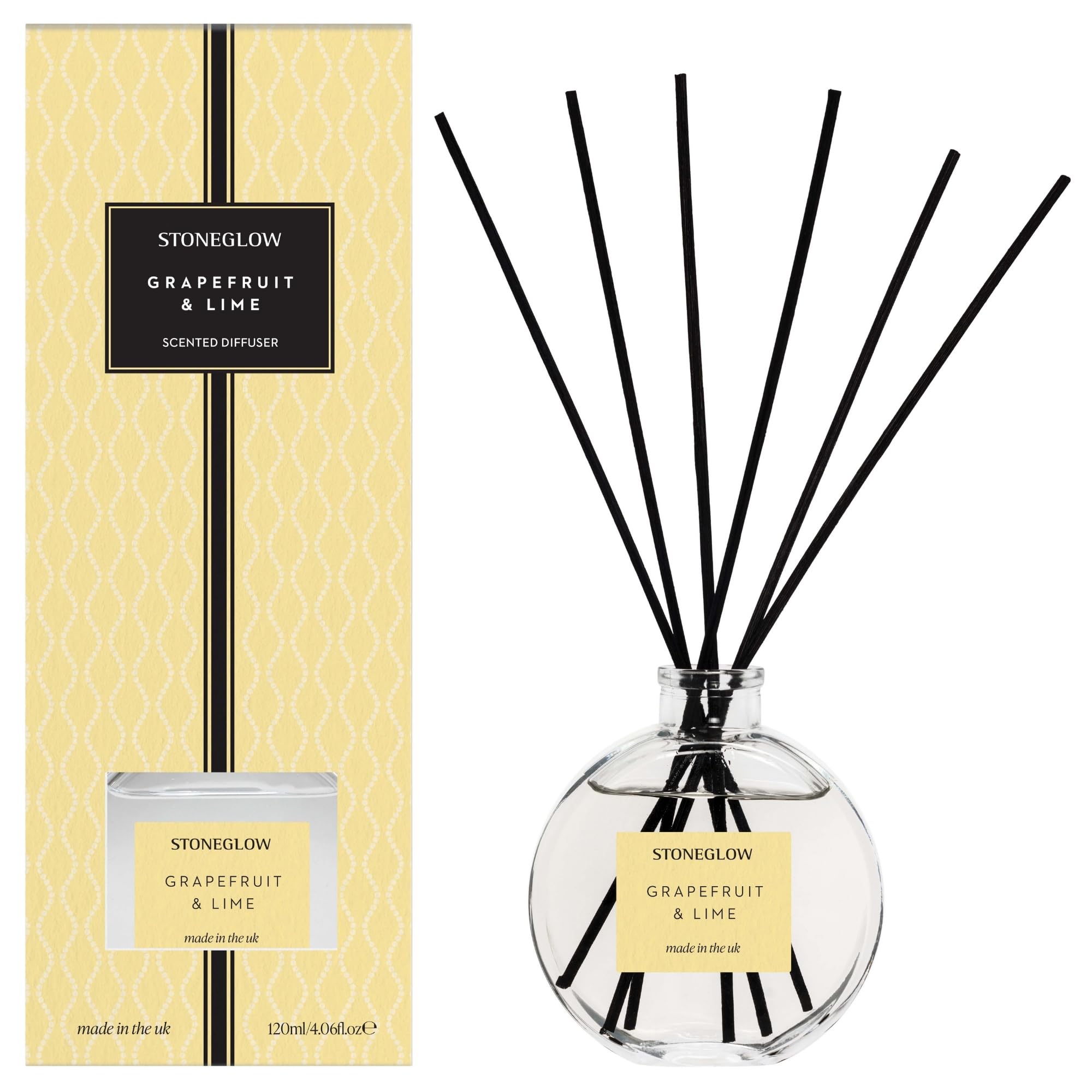 Stoneglow Clear Yellow The Signature Collection Grapefruit & Lime Scented Reed Diffuser 120Ml - Citrus, Mandarin & Peach Notes, Lasts 10 Weeks, 12 Rattan Reeds, Refillable & Reusable, Premium Air Freshener
