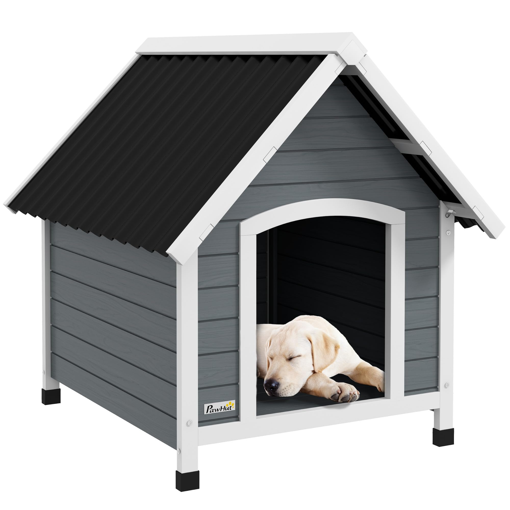 PawHut Caseta para Perros 75x88x82 cm Casa para Perros de Exterior con Techo de Tejas de Imitación Base Elevada Suelo Desmontable y Marco de Madera Gris 152/200