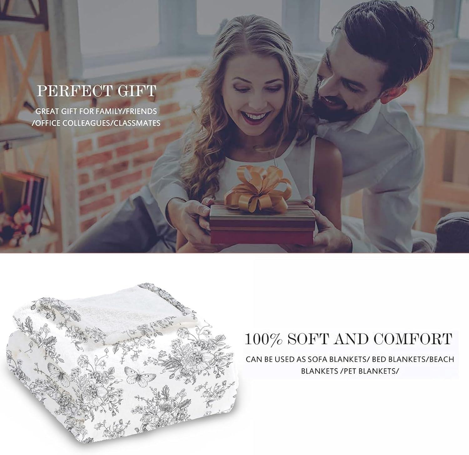 Grey and White Floral Throw Blanket, Fuzzy Soft Cozy Flannel Blanket for Home Bed Sofa Couch Chair, Decorative 50 x 60 Inch Blanket - Image 7