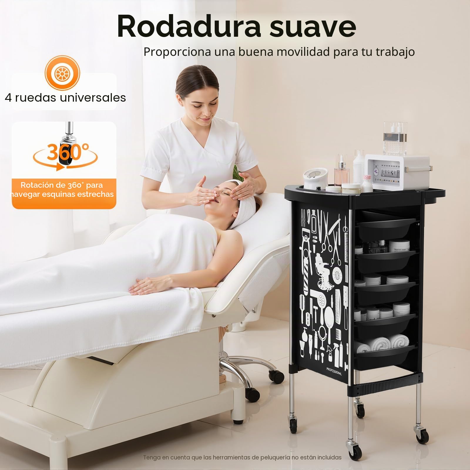 Carro de peluquería con 5 cajones y ruedas, capacidad de carga máxima de 100 kg, para salones de belleza, barbería, color negro