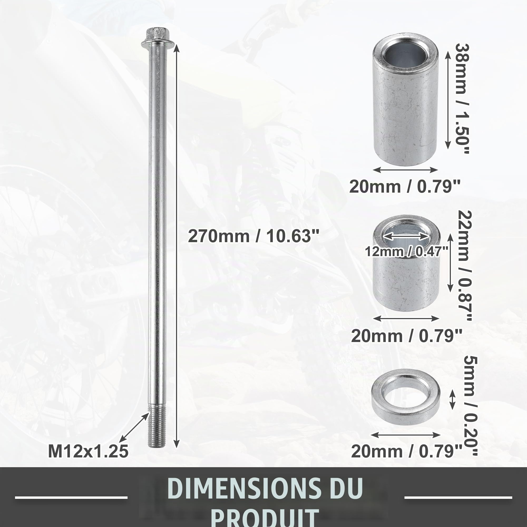 A ABSOPRO Essieu Avec Bague Et Boulon M12 270mm Pour Moto Acier 1pc | Ton Argenté, Pour Scooter, Quad, Longueur 270mm, Diamètre 12mm, Filetage M12x1.25, Avec 3 Bagues Et 1 Vis Boulon