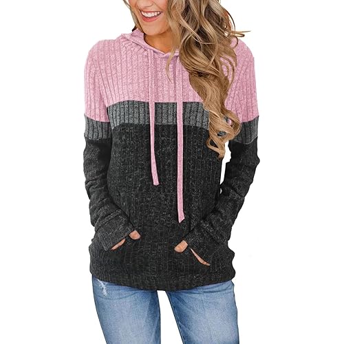 Women’s Color Block Knit Hoodie – Casual Long Sleeve Pullover Sweater Tops with Pocket