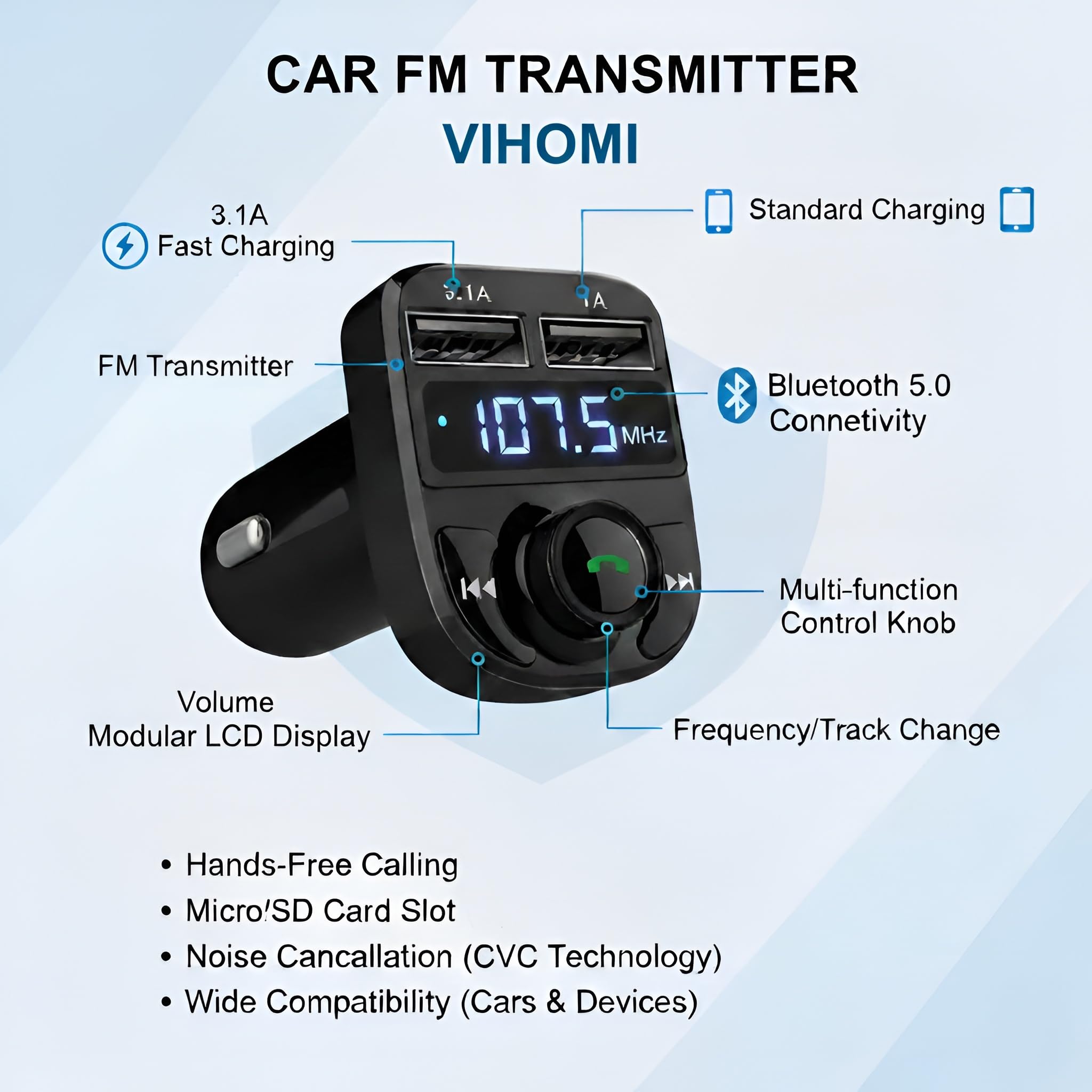 X8 Car Bluetooth FM Transmitter with Hands-Free Calling | Wireless Stereo Music Player with TF Card & AUX Support | Dual USB Mobile Charger Car Kit Compatible with All Smartphones — Amazon image 2