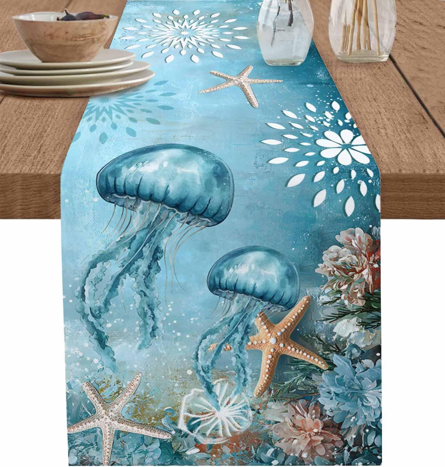 Jellyfish Coastal Table Runner 120 Inches Long, Blue Nautical Starfish Farmhouse Dress Scarves, Vintage Ocean Floral Dining Tablerunner for Coffee Table/Kitchen Island/Party Décor, 13" x 120"