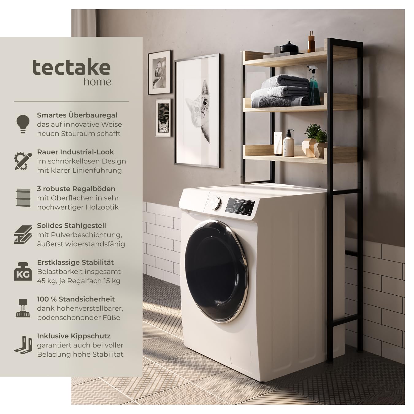 tectake Badezimmerregal mit 3 Ablagen, Badregal, Waschmaschinenregal, Industrial Design, Überbauschrank, Regal für Waschmaschine, Toilettenregal, 67 x25 x 165 cm - Industrial Holz hell, Eiche Sonoma