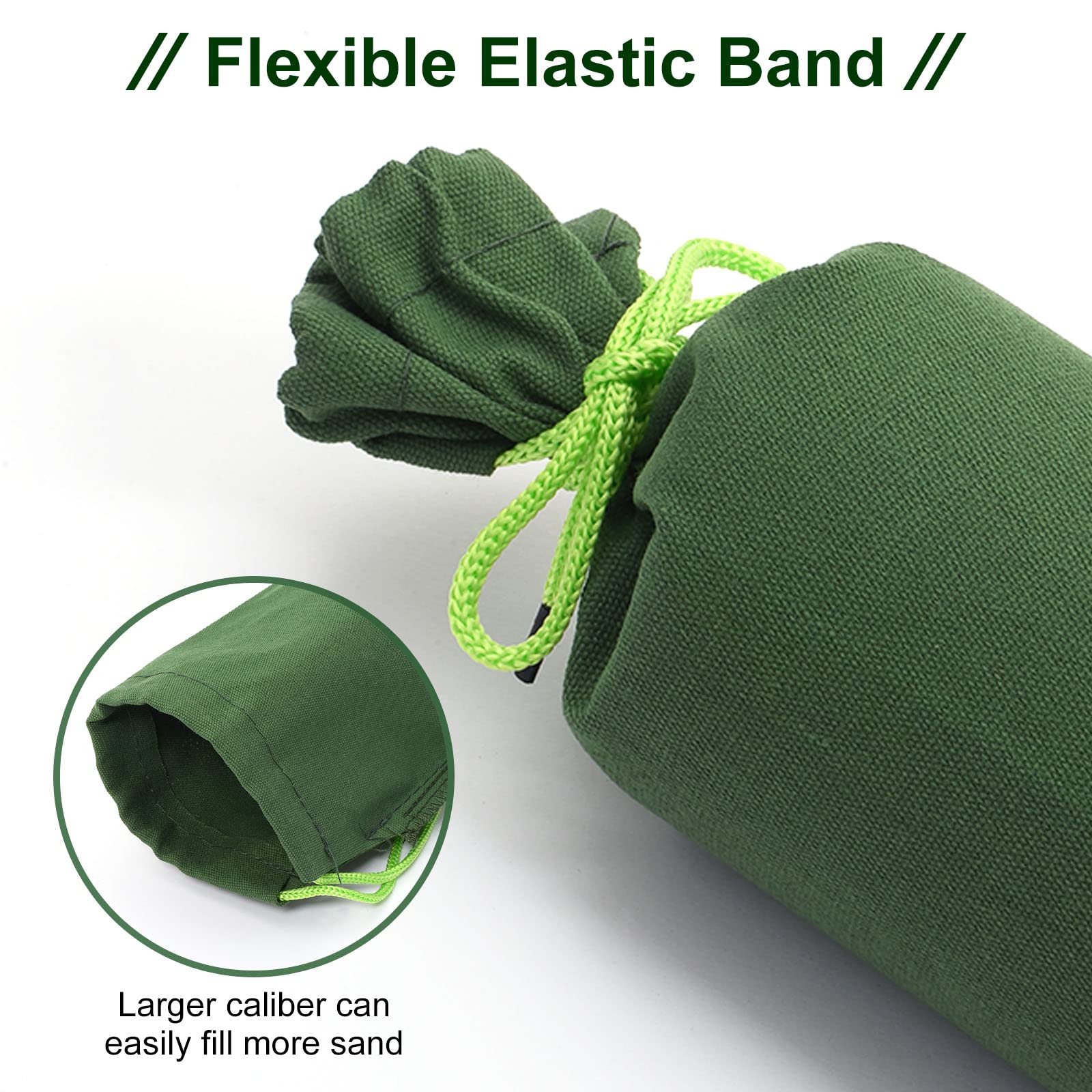 6 Pcs Long Canvas Sandbags,Thickened Water barriers for Flooding with Binding Elastic Band for Flooding Rain Water Control for Doors&Windows,Green - Image 3